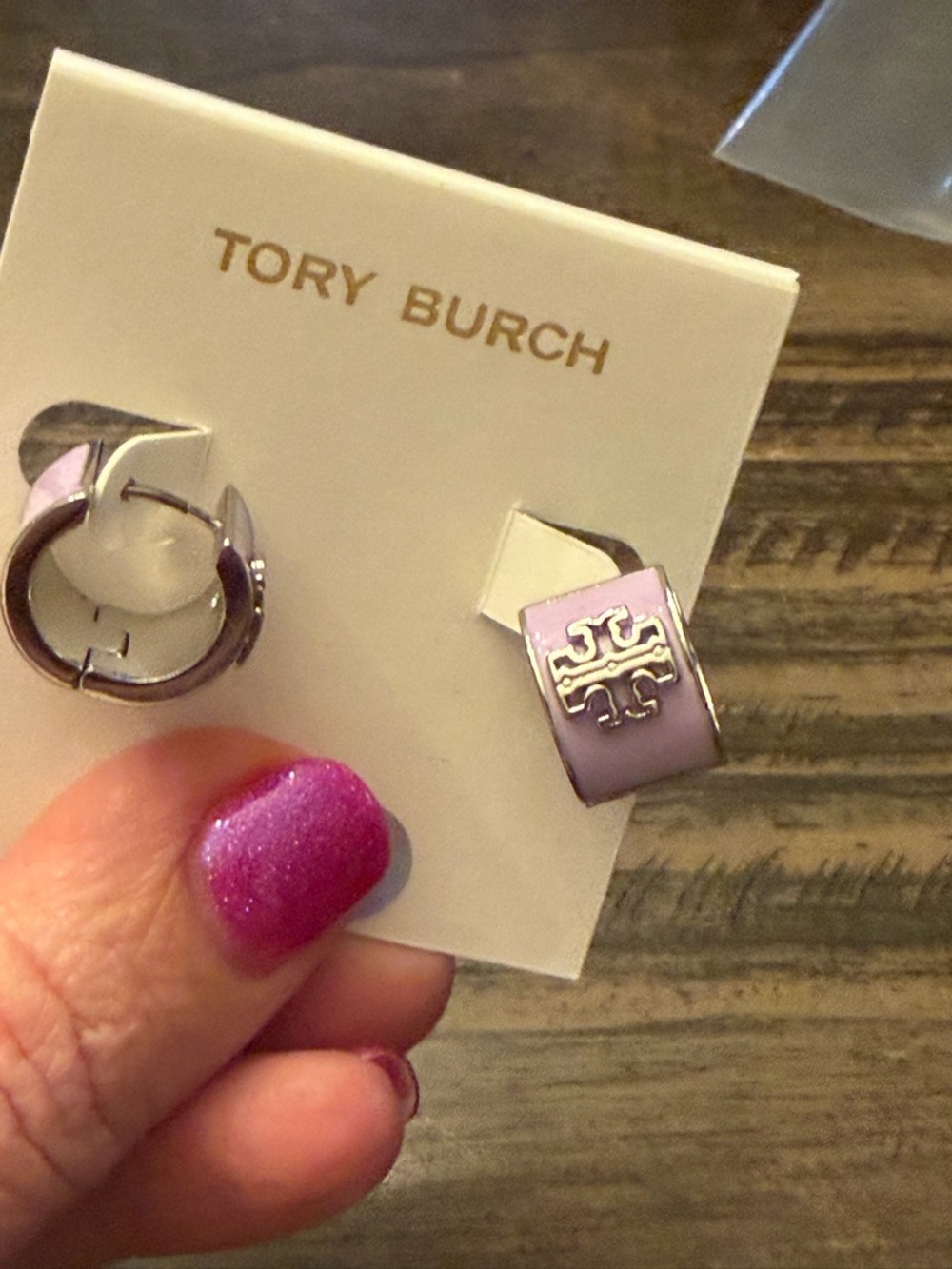 Tory Burch Lavender Enamel Logo Earrings - Picture 2 of 4